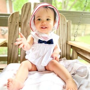 The Beaufort Bonnet Company Stiles Sunsuit Sailor Red Trim and Navy Bow EUC